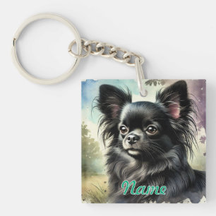 Llavero Chihuahua negro de larga data en acuarela