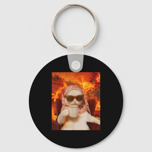 Llavero Chill Cat And Coffe Xmas Funny Cat Meme Y2k Joke  (Anverso)