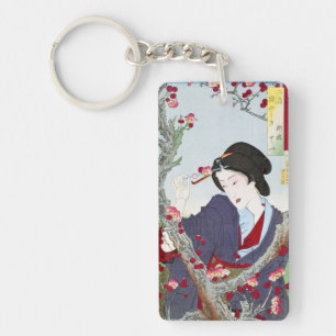 Llavero Chinoiserie Dama Japonesa y Flor de Cerezo Roja
