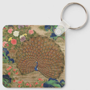 Llavero Chinoiserie Pavo Azul con Jardín de Flores Exótica