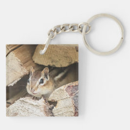 Llavero Chipmunk en una pila de madera