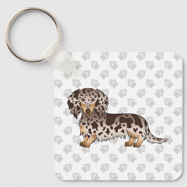 Llavero Chocolate Y Tan Dapple Largo Pelo Dachshund Perro (Anverso)