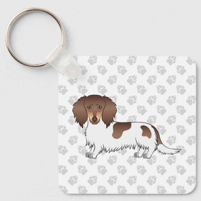 Llavero Chocolate y Tan Piebald Dachshund de Pelo Largo y  (Anverso)