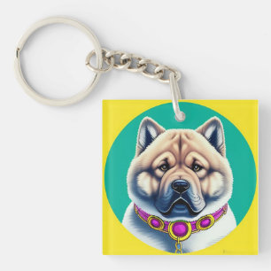 Llavero Chow Chow ilustrado con collar decorativo