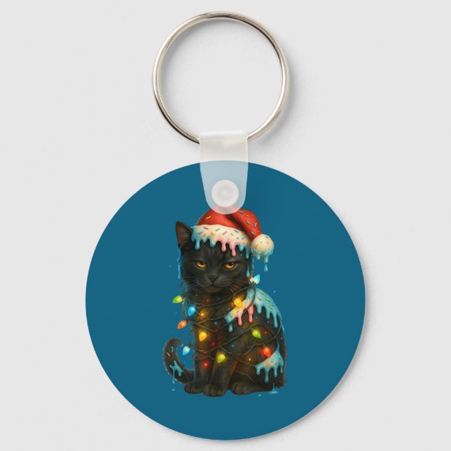 Llavero Christmas Black Cat Ice Cream Drip Santa Hat Cute  (Anverso)