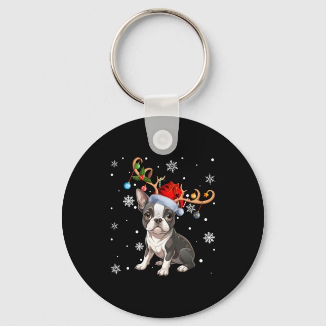 Llavero Christmas Light Reindeer Santa Hat Boston Terrier  (Anverso)