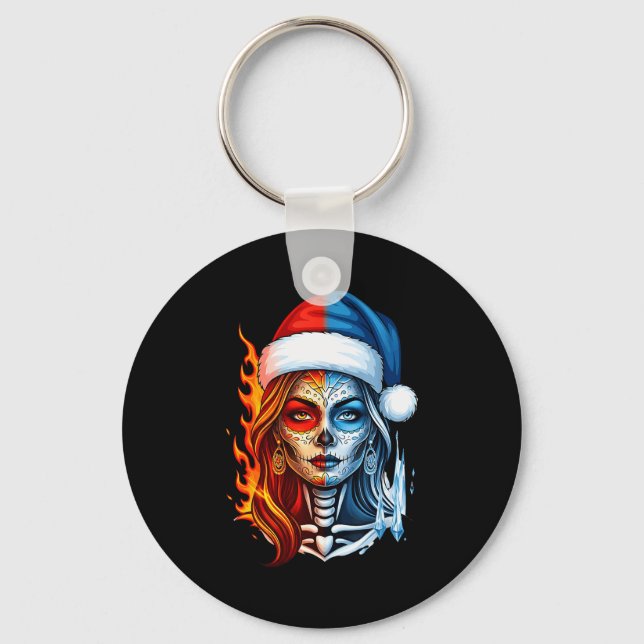 Llavero Christmas Sugar Skull Art Woman Santa Hat Fantasy  (Anverso)