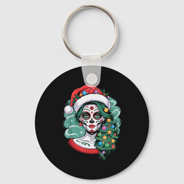 Llavero Christmas Sugar Skull Art Woman Santa Hat Festive  (Anverso)