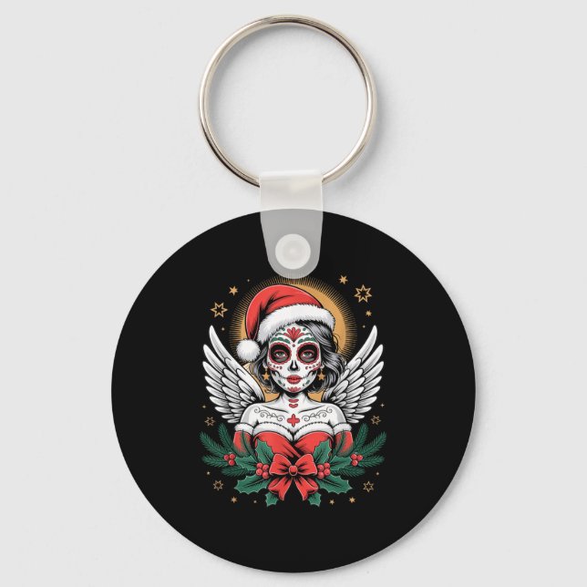 Llavero Christmas Sugar Skull Art Woman Santa Hat Festive  (Anverso)