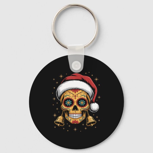 Llavero Christmas Sugar Skull Art Woman Santa Hat Festive  (Anverso)