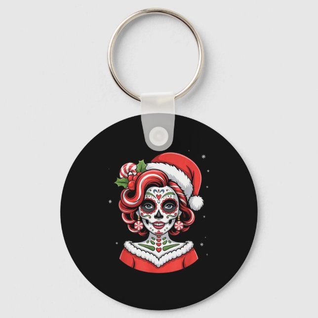 Llavero Christmas Sugar Skull Art Woman Santa Hat Festive  (Anverso)