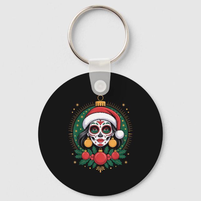 Llavero Christmas Sugar Skull Art Woman Santa Hat Festive  (Anverso)