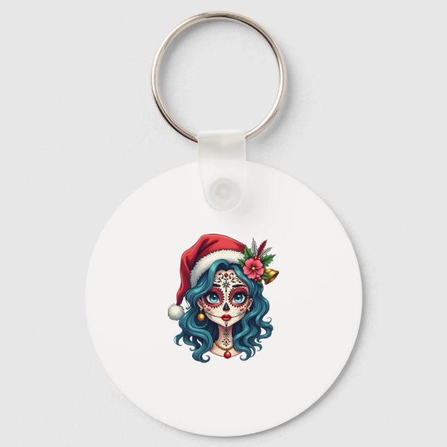 Llavero Christmas Sugar Skull Art Woman Santa Hat Festive  (Anverso)