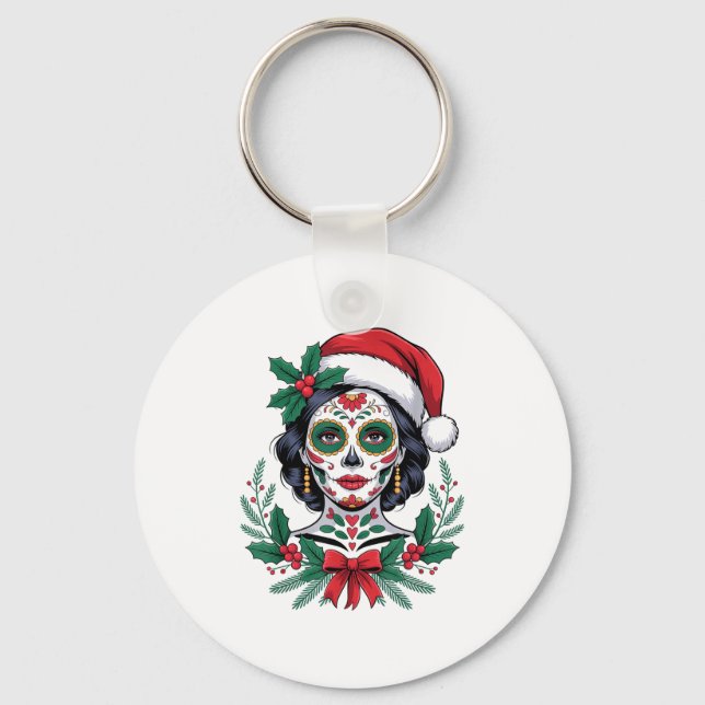 Llavero Christmas Sugar Skull Art Woman Santa Hat Festive  (Anverso)