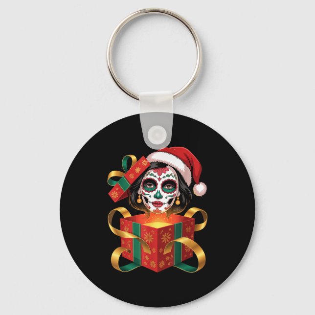 Llavero Christmas Sugar Skull Art Woman Santa Hat Festive  (Anverso)