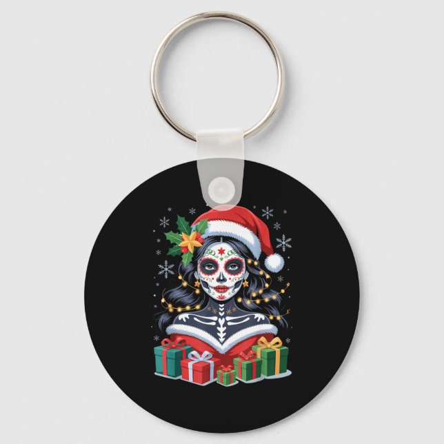 Llavero Christmas Sugar Skull Art Woman Santa Hat Festive  (Anverso)