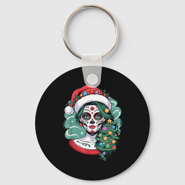 Llavero Christmas Sugar Skull Art Woman Santa Hat Festive  (Anverso)