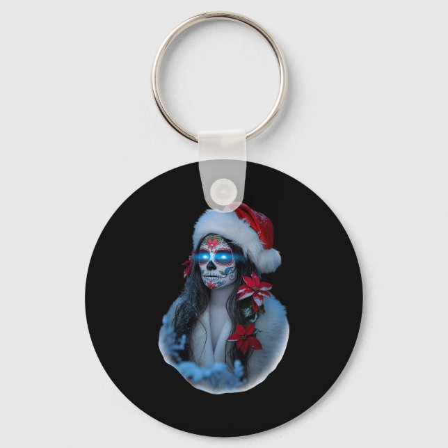 Llavero Christmas Sugar Skull Art Woman Santa Hat Festive  (Anverso)