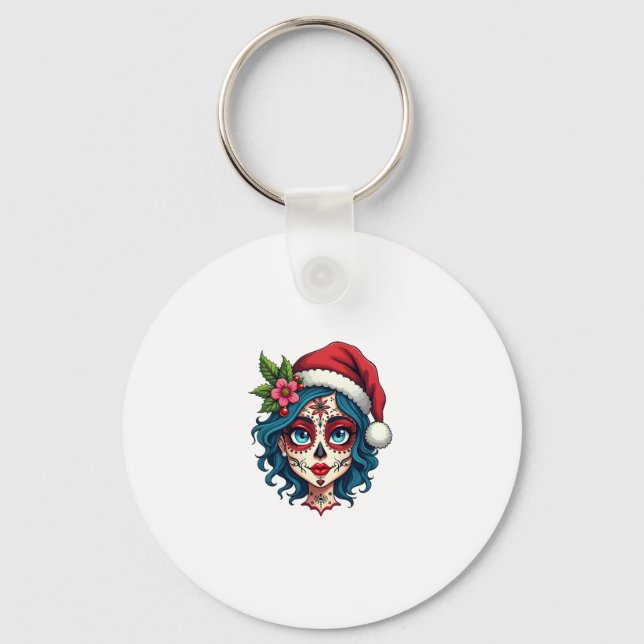 Llavero Christmas Sugar Skull Art Woman Santa Hat Festive  (Anverso)