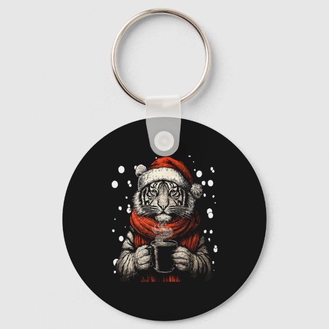 Llavero Christmas Tiger With Santa Hat Coffee Lover Funny  (Anverso)