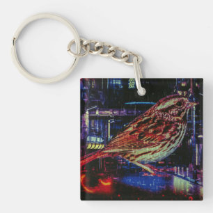 Llavero Ciberpunk Sparrow en Neon Cityscape