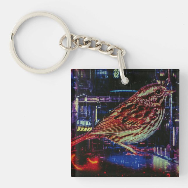 Llavero Ciberpunk Sparrow en Neon Cityscape (Frente)