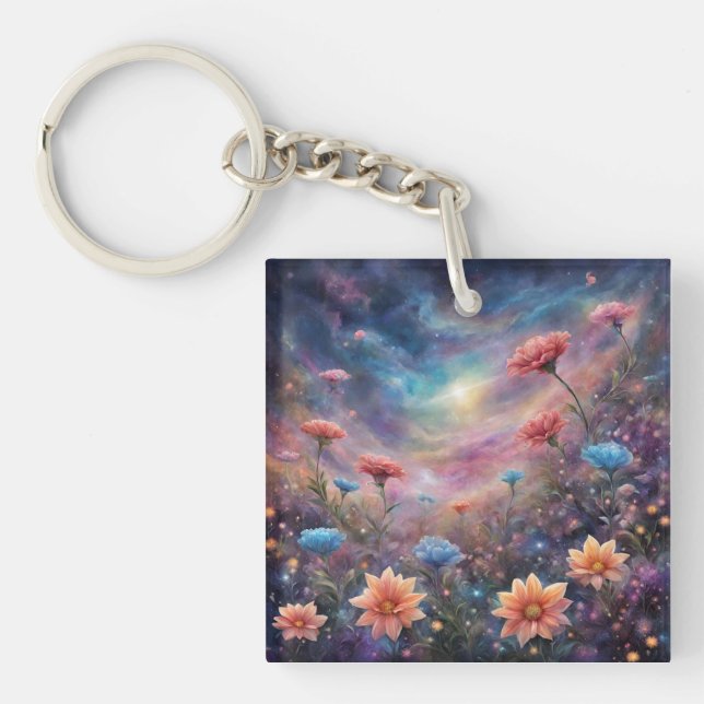 Llavero Cielo cósmico con flores de fantasía (Frente)