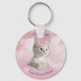Llavero Cielo rosa de gatito blanco, nombre azul y texto e