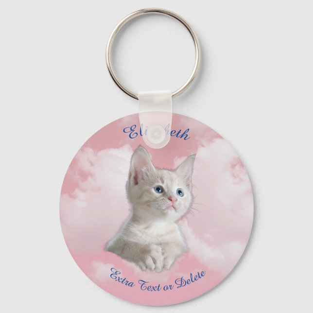 Llavero Cielo rosa de gatito blanco, nombre azul y texto e (Anverso)