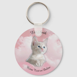 Llavero Cielo rosa de gatito blanco, nombre negro, texto e
