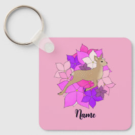 Llavero Ciervo y Flores Rosa Personalizados Lindos