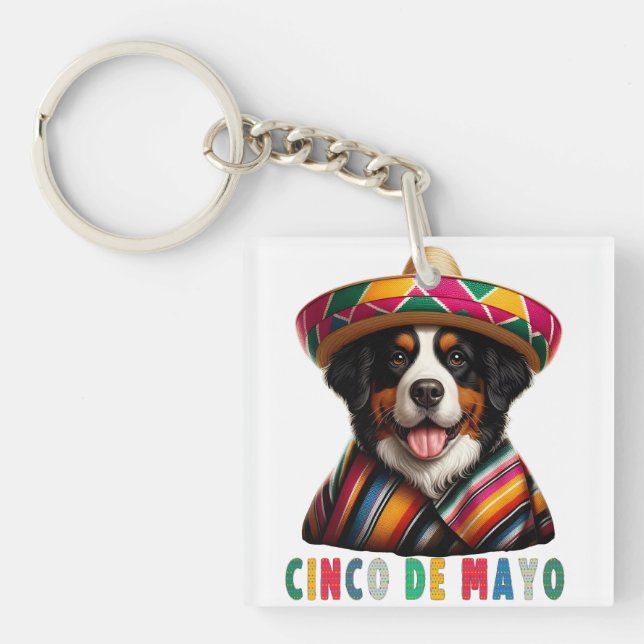 Llavero Cinco De Mayo Bernese Perro con Poncho y Sombrero (Frente)