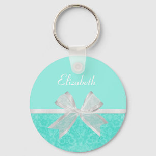 Llavero Cinta blanca Girly Aqua Turquoise Damask Con Nombr