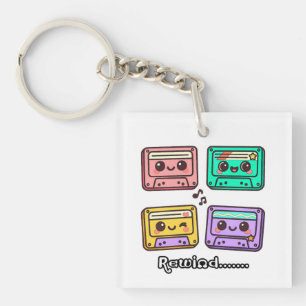 Llavero Cinta de casete retro linda "Rebobinar" Diseño Kaw