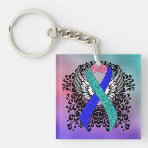 Llavero Cinta verde azulada/rosa/azul con alas