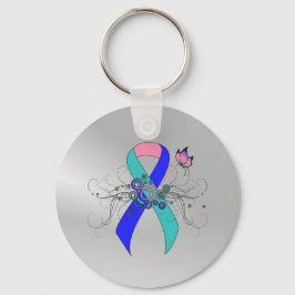 Llavero Cinta verde azulada/rosa/azul con mariposa