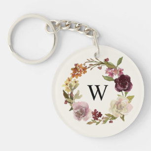 Llavero Círculo de Acuarela Floral Monograma Beige