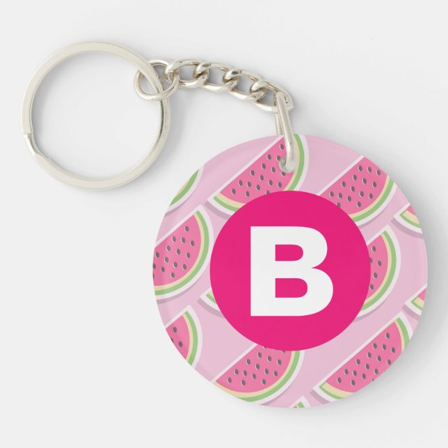 Llavero Círculo de monograma con patrón de sandía rosa (Frente)