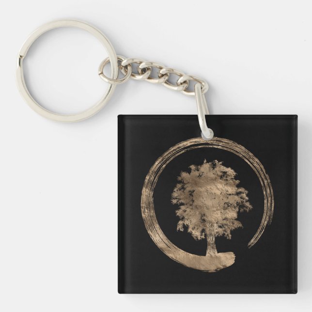 Llavero Círculo y árbol - oro del zen de Enso en negro (Frente)