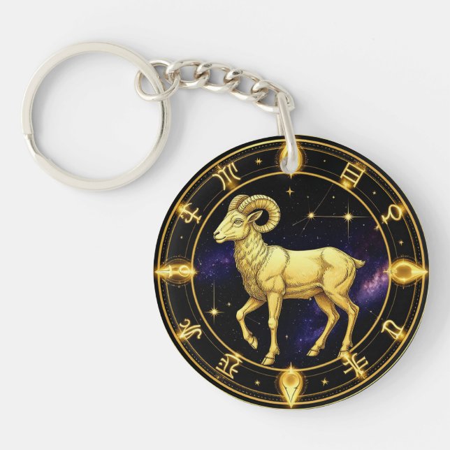 Llavero Círculo Zodiacal Aries Dorado Con Carnero (Frente)