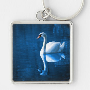 Llavero Cisne blanco en la cadena de claves de aguas azule