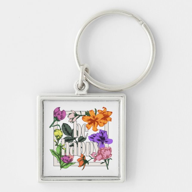 Llavero Cita positiva Be Happy y flores de jardín (Frente)