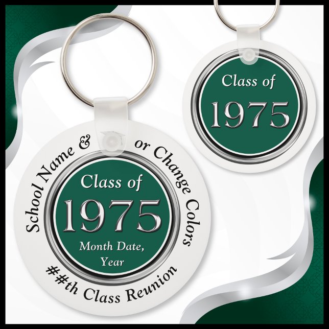 Llavero Clase de 1975 50ª Reunión, Clase de 1975 (Forest Green, White, Black and Silver, Class of 1975 Reunion Gifts. Class of 75 50th class reunion.)