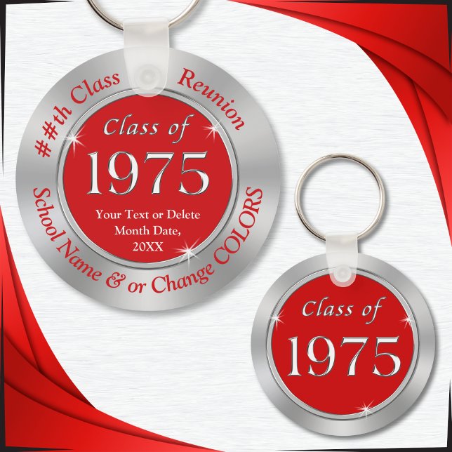 Llavero Clase roja y plateada de 1975 Personalización de l (Red and Silver Gray, Class of 1975 Reunion Ideas. Class of 75, Keychains as class reunion souvenirs.)
