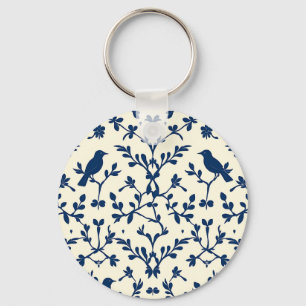Llavero Clásico Azul Marino Pájaro Damask Toile Silueta