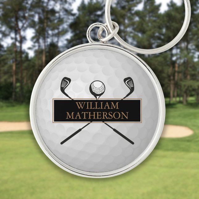 Llavero Clásico de bolas de oro y de golf negro personaliz (Personalized Gold and Black Golf Ball Classic Keychain)