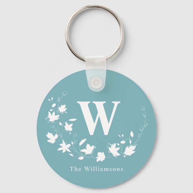 Llavero Classic Monogram Name Teal Floral Wreath Custom  (Anverso)
