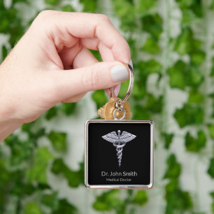 Llavero Classy Medical Silver Caduceus on Black