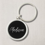 Llavero Cláusula minera moderna negra y blanca<br><div class="desc">Cadena de teclas de nombre personalizado de script negro.</div>