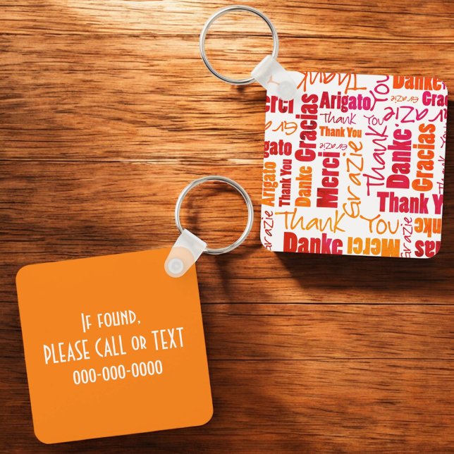 Llavero Clave de tipografía de "Gracias" Red naranja (gratitude word cloud key ring front and back with template text)